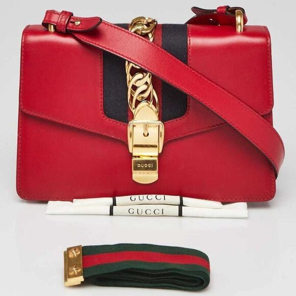 Gucci Red Calfskin Leather Small Sylvie Shoulder Bag - Picture 8 of 10